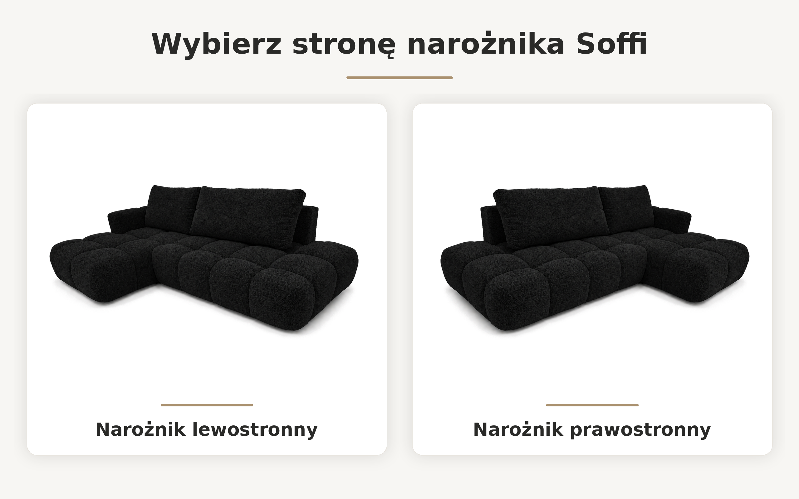 Infografika przedstawiająca możliwość wyboru strony narożnika rozkładanego z funkcją spania Soffi w czarnej tkaninie boucle